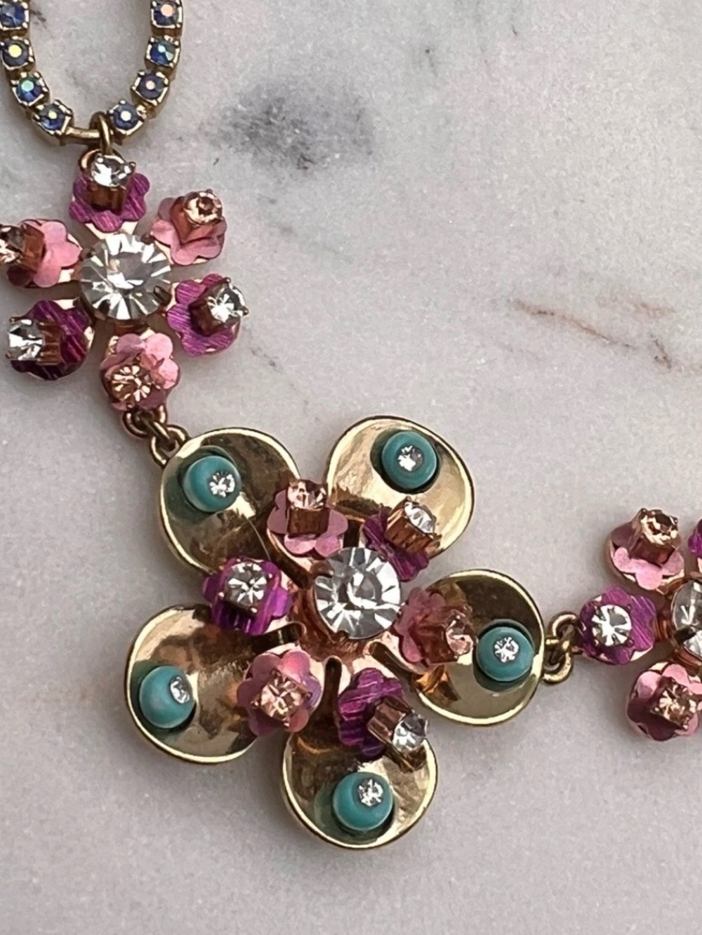 Betsey Johnson Boardwalk Sweet Flower Necklace Retired Pink Teal Rhinestone Aqua